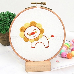 DIY Cartoon Animal Embroidery Sets, Including Imitation Bamboo Frame, Plastic & Alloy Pins, Cloth, Colorful Threads, Lion Pattern, 37~190x1~195x0.6~8.5mm, Inner Diameter: 107mm(DIY-G037-02F)
