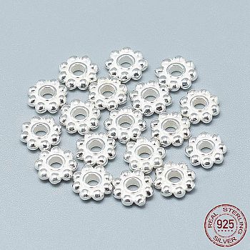 925 Sterling Silver Granulated Daisy Spacer Beads, Silver, 9x2.5mm, Hole: 3mm