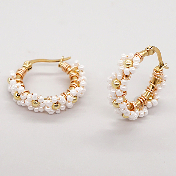 Bohemian Glass Braided Seed Beads Flower Hoop Earrings for Women, with Brass Wire and 314 Stainless Steel Hoop Earrings, Golden, White, 25x25mm