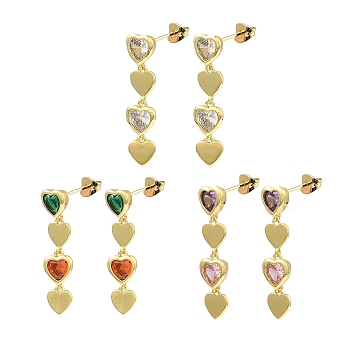 Cubic Zirconia Heart Dangle Stud Earrings, Real 18K Gold Plated Brass Drop Earrings, Lead Free & Cadmium Free, Mixed Color, 31x8mm