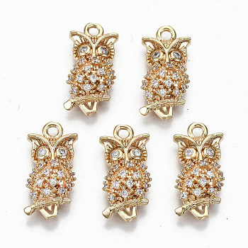 Brass Micro Pave Cubic Zirconia Pendants, Light Gold, Long-Lasting Plated, Cadmium Free & Lead Free, Owl Shape, Clear, 19x9.5x4mm, Hole: 1.6mm