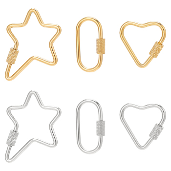 6Pcs 6 Styles 304 Stainless Steel Screw Carabiner Lock Charms, for Necklaces Making, Heart & Star & Oval, Mixed Shape, Golden & Stainless Steel Color, 22~35.5x14~30.5x4mm, Screw: 7x4mm, 1pc/style