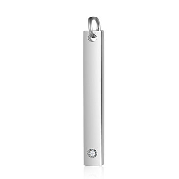 201 Stainless Steel Bar Tag Pendants, with Rhinestone, Rectangle, Crystal, Stainless Steel Color, 32x3.7x1.5mm, Hole: 3mm