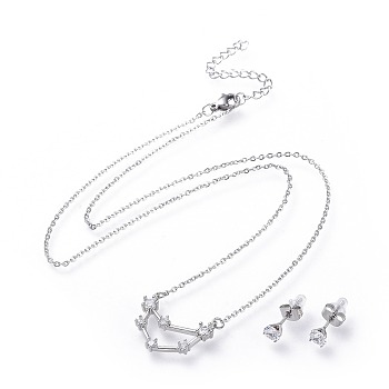 304 Stainless Steel Jewelry Sets, Brass Micro Pave Cubic Zirconia Pendant Necklaces and 304 Stainless Steel Stud Earrings, with Ear Nuts/Earring Back, Twelve Constellations, Clear, Capricorn, 465x1.5mm