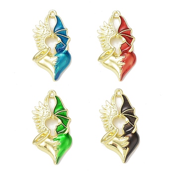 Rack Plating Alloy Enamel Pendants, Heart with Wing Charm, Golden, Mixed Color, 40x20x4mm, Hole: 1.8mm