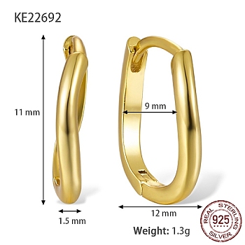 925 Sterling Silver Hoop Earrings, with S925 Stamp, Real 18K Gold Plated, 11x12x1.5mm