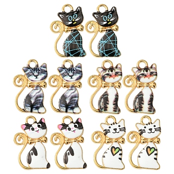 10Pcs Alloy Enamel Pendants, Cadmium Free & Lead Free, Light Gold, Cat Charm, Mixed Color, 21x14x1.5mm, Hole: 2mm