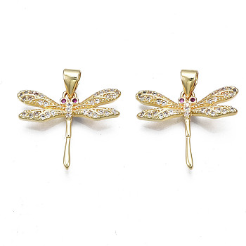 Brass Micro Pave Cubic Zirconia Pendants, with Real 18K Gold Plated Brass Findings, Nickel Free, Autumn Pendants, Dragonfly, Clear, 18x21.5x3mm, Hole: 3x5mm