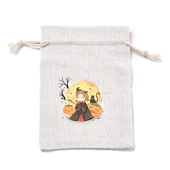 Halloween Cotton Cloth Storage Pouches, Rectangle Drawstring Bags, for Candy Gift Bags, Girl Pattern, 13.8x10x0.1cm