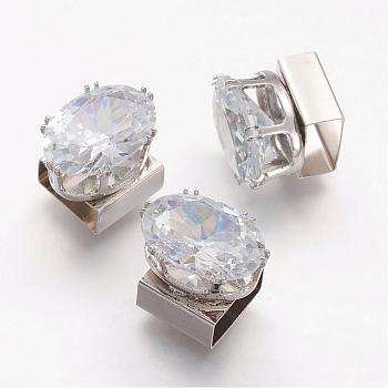 Brass Slide Charms, with Micro Pave Cubic Zirconia, Oval, Platinum, 15x10.5x12.5mm, Hole: 4.5x10mm