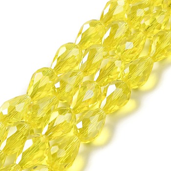 Electroplate Glass Beads Strands, AB Color Plated, Faceted Teardrop, Yellow, 15x10mm, Hole: 1mm, 50pcs/strand, 27.1 inch