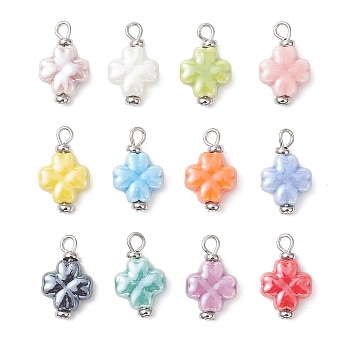 Handmade Porcelain Pendants, Four Leaf Clover Charms, Bright Glazed Porcelain, Platinum, 19~19.5x11.5~12x5.5mm, Hole: 2.5mm