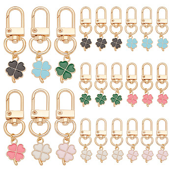 Alloy Enamel Clover Pendant Decorations, with Alloy Swivel Clasps, Mixed Color, 5.1cm, 6 colors, 4pcs/color, 24pcs/set