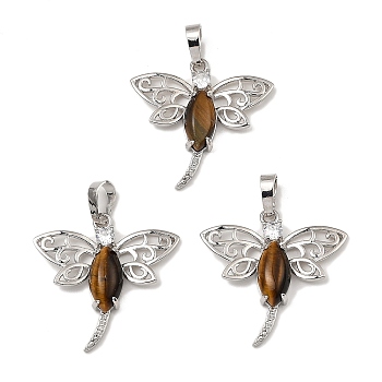 Rack Plating Brass Pendants, with Natural Tiger Eye Dragonfly Charms, Platinum, 30x30.5x6mm, Hole: 8x5mm