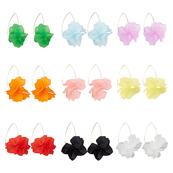 ANATTASOUL 9 Pairs 9 Colors Acrylic Flower Dangle Earrings, Golden 304 Stainless Steel Long Drop Earrings for Women, Mixed Color, 78.5mm, Pin: 0.8mm, 1 Pair/color