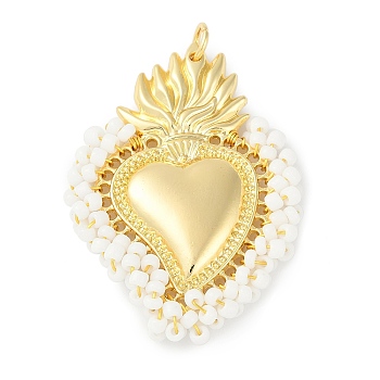 Brass Measle Pendants, Hand Woven Hearts, with Jump Ring, Real 18K Gold Plated, White, 53x40x6mm, Hole: 5mm