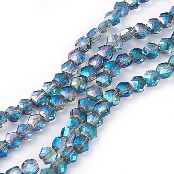 Electroplate Glass Beads Strands, Full Rainbow Plated, Faceted, Hexagon, Dodger Blue, 5x6x4mm, Hole: 1.2mm, about 99pcs/strand, 19.2 inch(49cm)