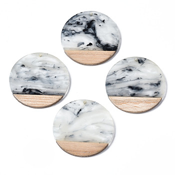 Transparent Resin & Walnut Wood Pendants, Two Tone, Flat Round, Gainsboro, 38.5x3.5mm, Hole: 2mm