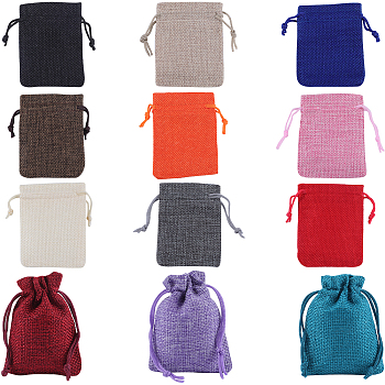 24Pcs 12 Colors Burlap Packing Pouches Drawstring Bags, Rectangle, Mixed Color, 9x7cm, 2pcs/color