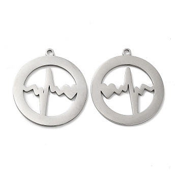 201 Stainless Steel Pendants, Flat Round with Heartbeat Charm, Stainless Steel Color, 25.5x23x1mm, Hole: 1.5mm