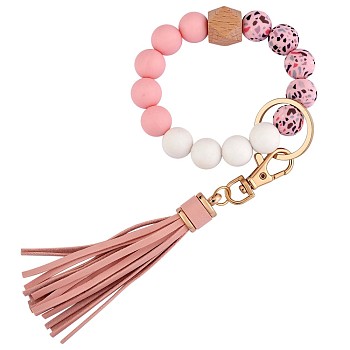 Silicone Key Ring Bracelet Personalized Wristlet Keychain Beaded Keychain with Tassel Bohemian Wrist Keychain for Women Girls, Pink, 23cm