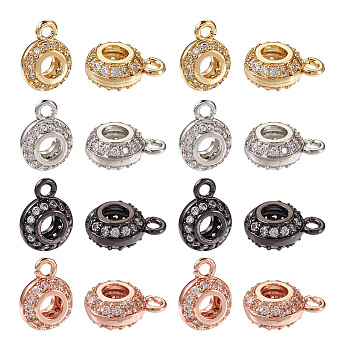 16Pcs 4 Colors Brass Micro Pave Clear Cubic Zirconia Charms, Flat Round Hollow, Mixed Color, 11x8.5x4.5mm, Hole: 1.6mm, Inner Diameter: 3.5mm, 4pcs/color