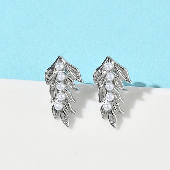 Leaf Brass Stud Earrings, with ABS Plastic Pearl, Rack Plating, Cadmium Free & Lead Free, Long-Lasting Plated, Platinum, 17.5x9.5mm