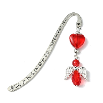 Glass Bead Heart Angel Bookmarks, Tibetan Style Alloy Hook Bookmarks, Red, 83x15mm