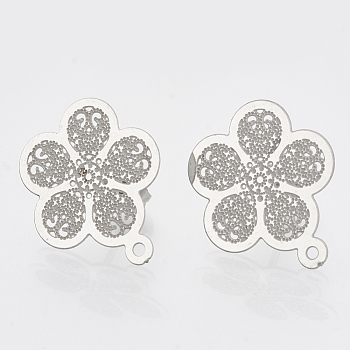 304 Stainless Steel Stud Earring Findings, with Loop, Flower, Stainless Steel Color, 18x15.5mm, Hole: 1mm, pin: 0.7mm