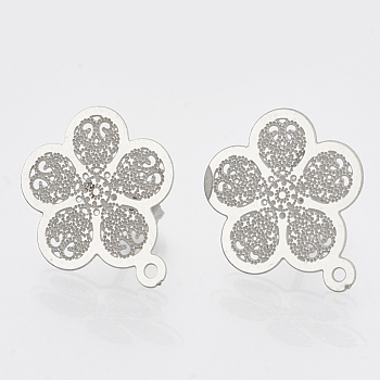 Non-Tarnish 304 Stainless Steel Stud Earring Findings, with Loop, Flower, Stainless Steel Color, 18x15.5mm, Hole: 1mm, pin: 0.7mm