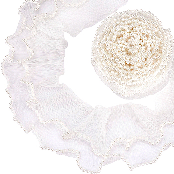 2 Layer Polyester Pleated Lace Trim, with Plastic Beads Lace Ribbon for Garment Accessories, White, 3-1/8 inch(80mm)