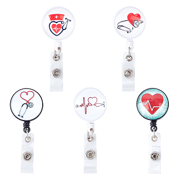 Glass Retractable Badge Reel, Nurse Badge Clip, ID Name Badge Holder, with Iron Alligator Clip, Heart Pattern, Mixed Color, 85mm, Flat round: 43x32x21mm, 5pcs/set