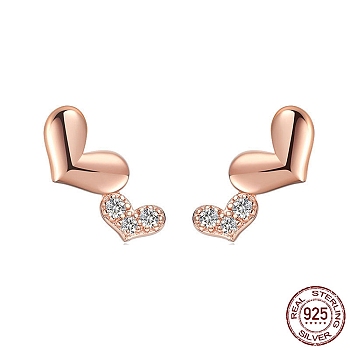Heart 925 Sterling Silver Cubic Zirconia Stud Earrings for Women, with S925 Stamp, Rose Gold, 14mm