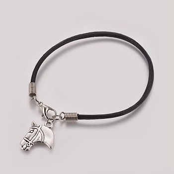 Unisex Charm Bracelets, with Cowhide Leather Cord, Tibetan Style Alloy Pendants and Lobster Claw Clasps, Horse, Black, 7-1/4 inch~7-1/2 inch(18.5~19cm)