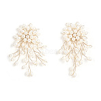 Flower Brass Plastic Pearl Tassel Clip-on Earrings, Golden, 80x45mm(FS-WG7092D-01)
