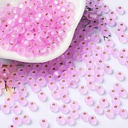 6/0 Glass Seed Beads, Frosted, Silver Lined, Round, Pearl Pink, 4.5x3mm, Hole: 1mm(SEED-Z001-B-E11)
