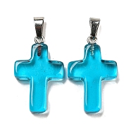 Glass Pendant, with Platinum Iron Findings, Cross Charms, Deep Sky Blue, 29x18x5.5mm, Hole: 7x3.5mm(GLAA-H029-05P-04)