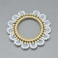 Handmade Woven Pendants, with Glass Beads and Golden Tone 304 Stainless Steel Findings, Flower, White, 44~46x4mm, Inner Diameter: 23mm(GLAA-F102-O04)