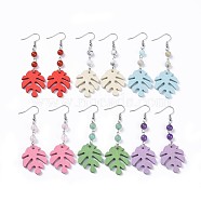 Tropical Theme Monstera Leaf Poplar Wood Dangle Earrings, with Natural & Synthetic Gemstone Round Beads and 316 Surgical Stainless Steel Earring Hooks, 74mm, Pin: 0.7mm(EJEW-JE03357)