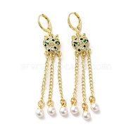 Leopard Head Real 18K Gold Plated Brass Micro Pave Cubic Zirconia Dangle Leverback Earrings, ABS Imitation Pearl Tassel Earrings, Green, 71x10.5mm(EJEW-Q797-12G)
