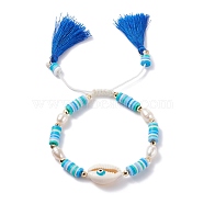 Natual Shell with Evil Eye & Pearl Braided Bead Bracelet, Heishi Beads Bracelet with Double Tassel Charm for Women, Blue, Inner Diameter: 2-1/8~ 3-1/8 inch(5.4~8cm)(BJEW-TA00049-02)