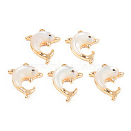 Natural White Shell Mother of Pearl Shell Pendants, with Golden Brass Findings, Dolphin, Seashell Color, 17x12.5x2.5mm, Hole: 1mm(SHEL-T017-26G)