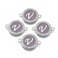 Alloy Enamel Links Connectors, with Crystal Rhinestones, Flat Round with Letter, Silver Color Plated, Letter.V, 22x16x2mm, Hole: 1.8mm(ENAM-TAC0003-01S-01V)