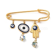 Ion Plating(IP) 304 Stainless Steel Kilt Pin, Enamel & Rhinestone & Glass Evil Eye Hamsa Hand Charm Brooch for Backpack Clothes, Golden, 49x51x8mm(STAS-D089-34G)