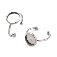 Tarnish Resistant 304 Stainless Steel Open Cuff Ring Components, with 201 Stainless Steel Flat Round Pad Rings Settings, Stainless Steel Color, Adjustable, Tray: 12mm(STAS-B072-09C-P)