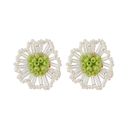 Seed Beads Flower Stud Earrings, Brass Jewelry for Women, Golden, Green, 27mm, Pin: 0.8mm(EJEW-TA00198)