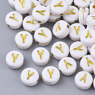 Plating Acrylic Beads, Golden Metal Enlaced, Horizontal Hole, Flat Round with Alphabet, White, Letter.Y, 7x3.5mm, Hole: 1.2mm, about 3600pcs/500g(PACR-R242-01Y)
