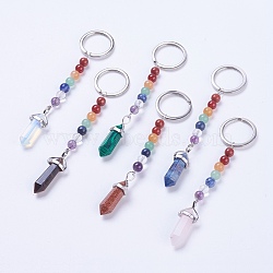 Natural/Synthetic Gemstone Chakra Pointed Keychain, with Mixed Stone and Platinum Plated Brass Key Findings, Bullet, 108~112mm, Ring: 24x2mm, Bead: 6~7mm, Pendant: 35~39x13x9mm(KEYC-P040-D)