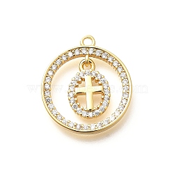 Brass Micro Pave Cubic Zirconia Pendants, Real 18K Gold Plated, Ring Charms, Cross, 21x18x3mm, Hole: 1.5mm(KK-G519-07G-04)