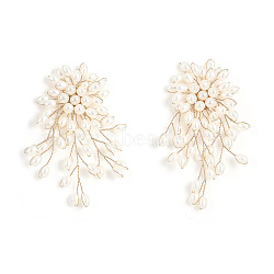 Flower Brass Plastic Pearl Tassel Clip-on Earrings, Golden, 80x45mm(FS-WG7092D-01)